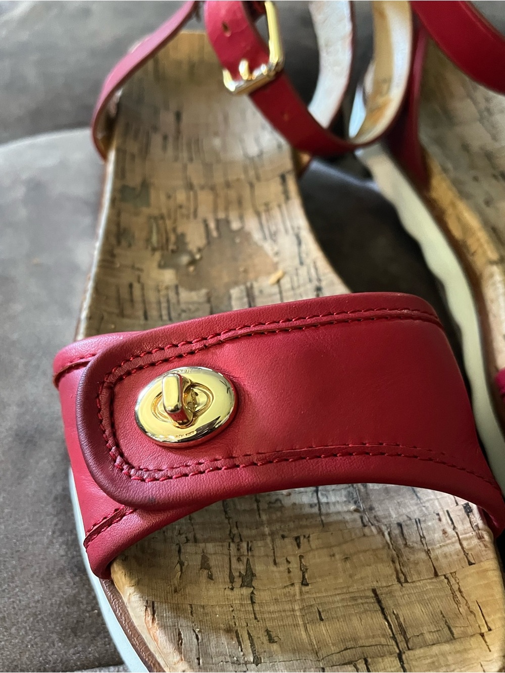 Coach Red Leather Ankle-Strap Sandals with Gold Accents - Picture 2 of 8
